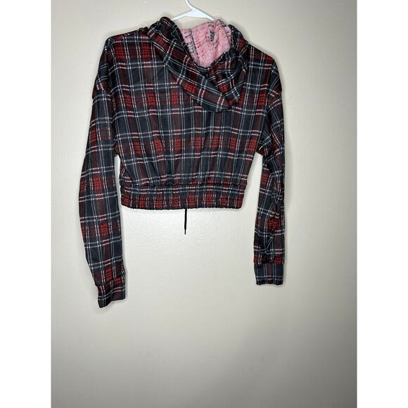 Women’s Medium Roma Concepts Black Red Plaid Cropped Hoodie Elastic Waist - Picture 3 of 4